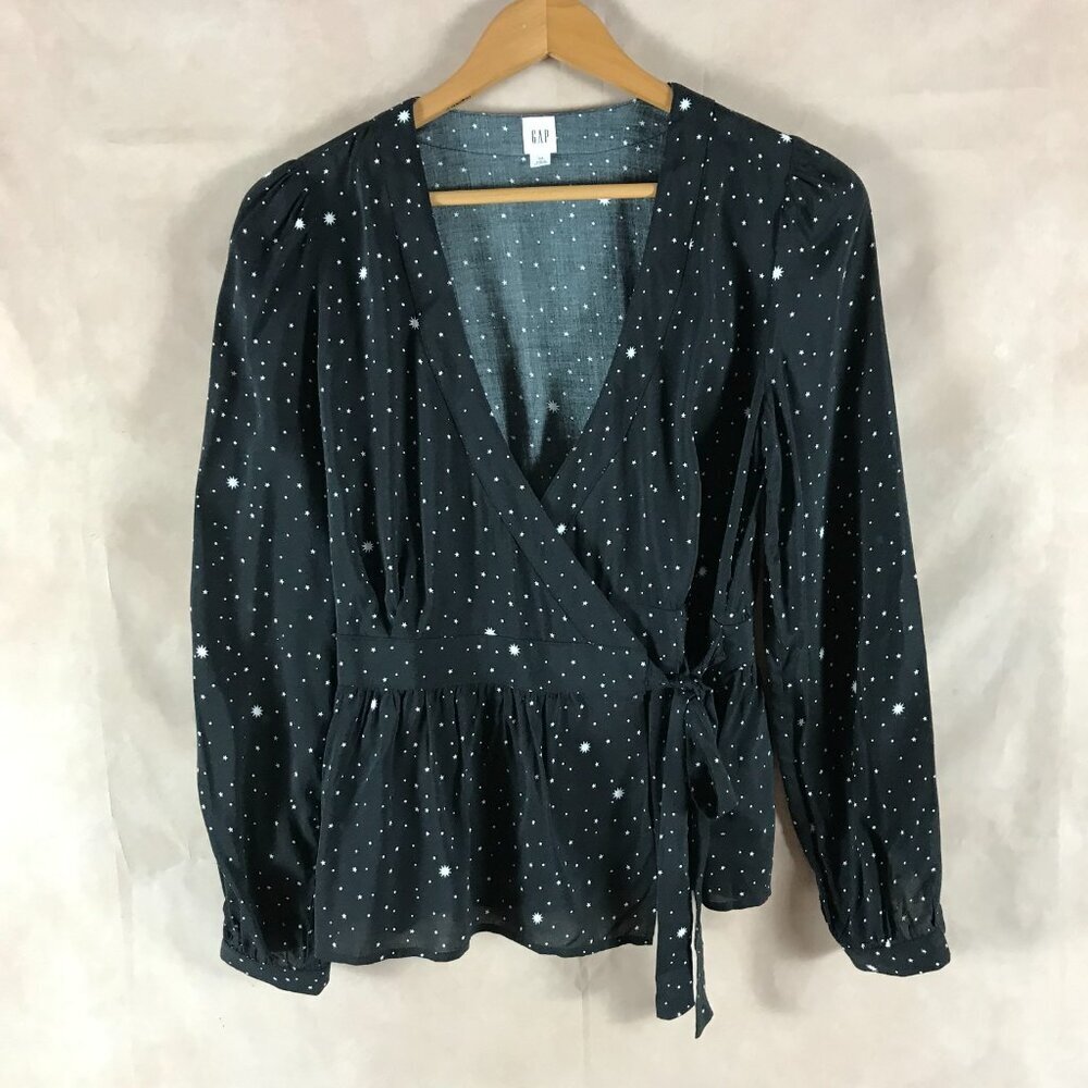 GAP Black Star Print Faux-Wrap Peplum Blouse XS